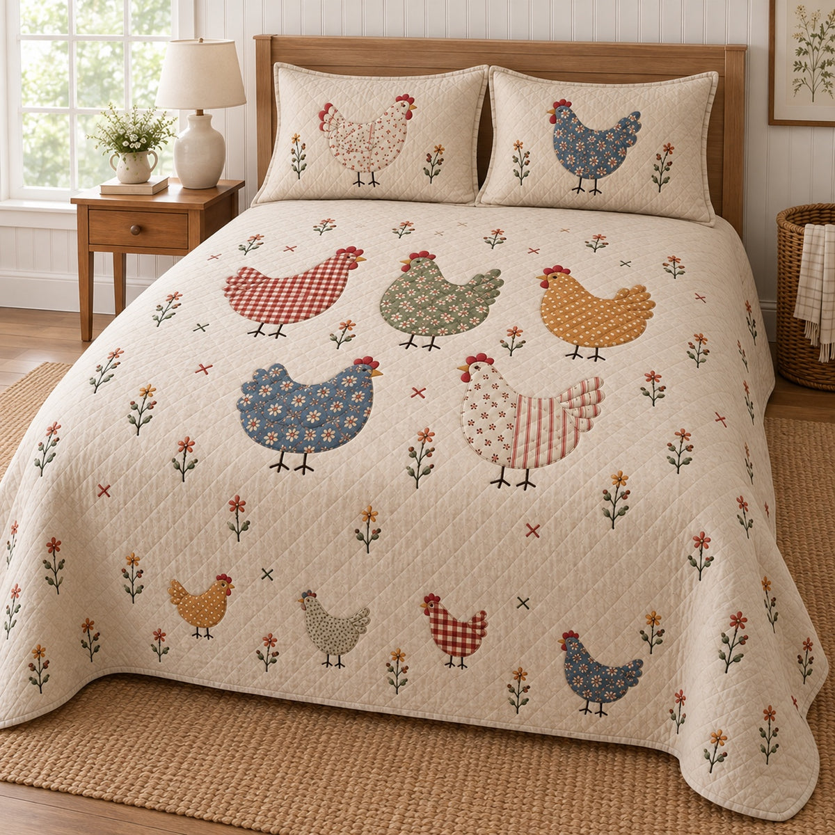 Feedsack Applique Hen Patchwork Quilt Set, angled Hen bedroom view