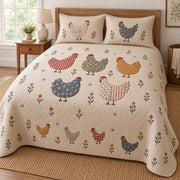 Feedsack Applique Hen Patchwork Quilt Set, angled Hen bedroom view