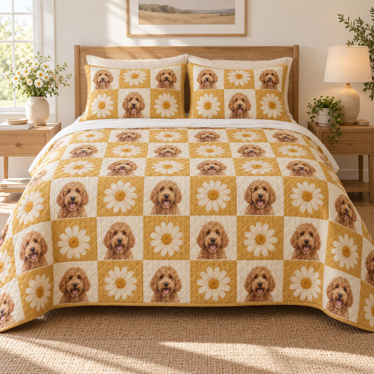 Alternating golden daisy blocks and small goldendoodle portraits create a bright printed checkerboard on cream on a quilt set with two matching shams, front view.