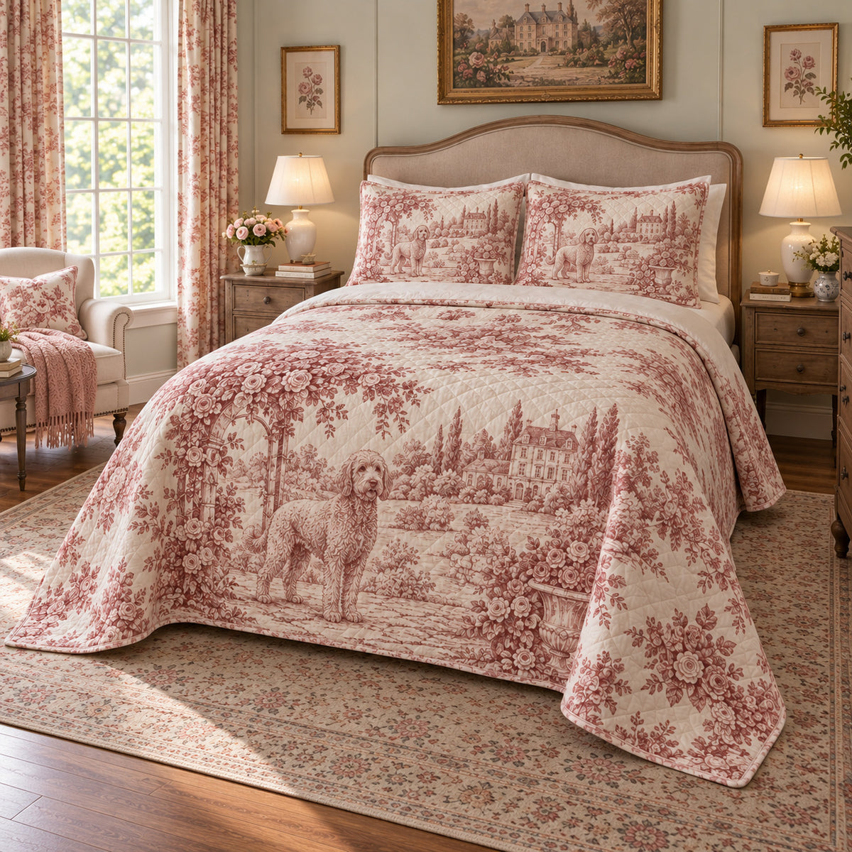 Rose Manor Doodle Goldendoodle Country Toile Quilt Set, angled goldendoodle country toile bedroom view