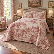 Rose Manor Doodle Goldendoodle Country Toile Quilt Set, angled goldendoodle country toile bedroom view