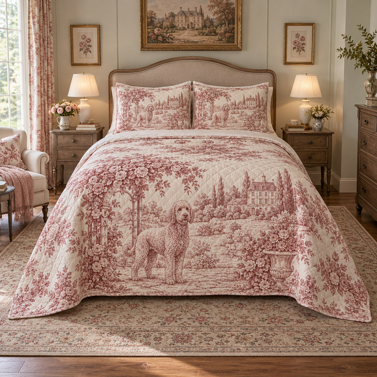Rose Manor Doodle Goldendoodle Country Toile Quilt Set, front goldendoodle country toile bedroom view