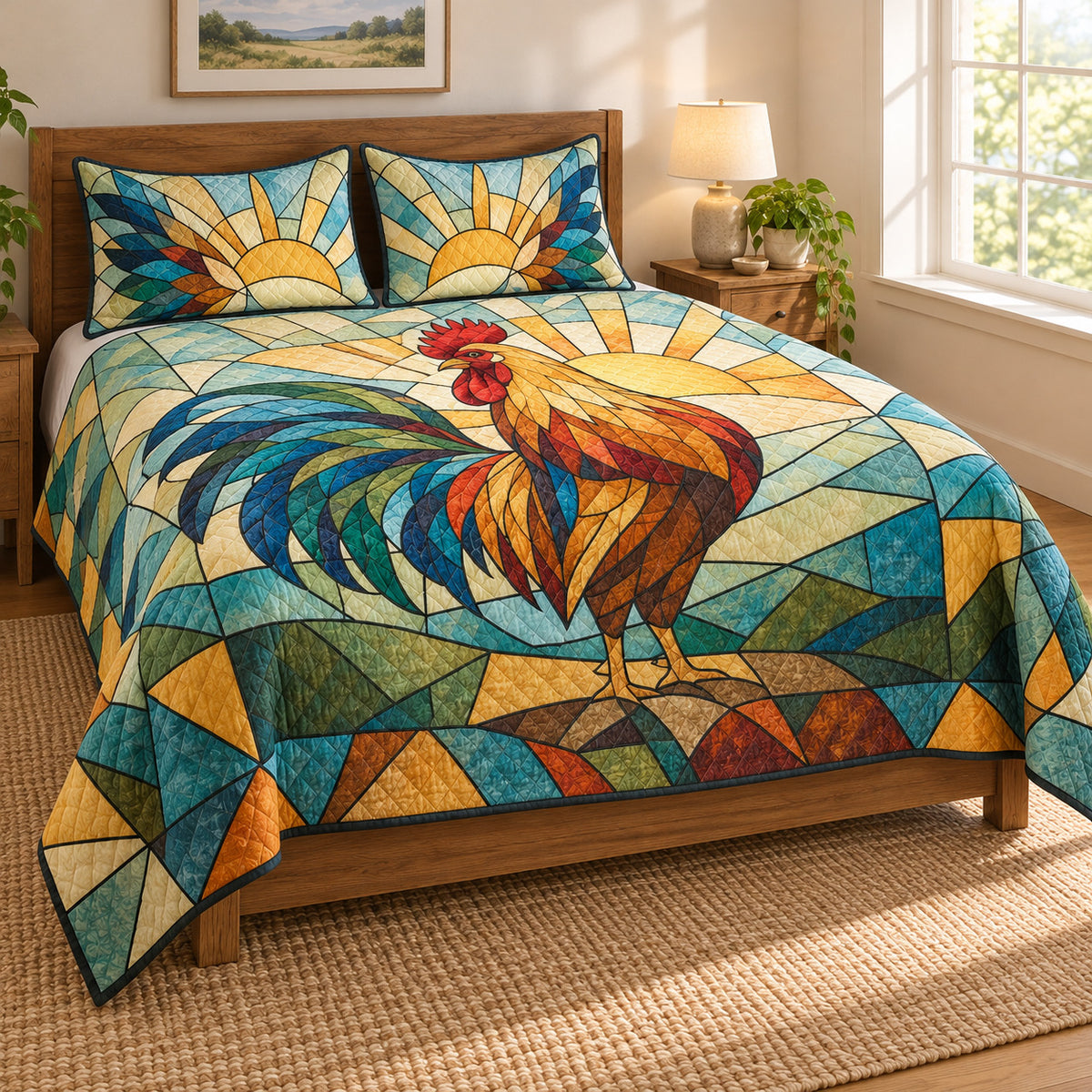 Stained Glass Rooster Quilt Set, angled rooster bedroom view