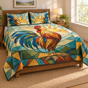 Stained Glass Rooster Quilt Set, angled rooster bedroom view