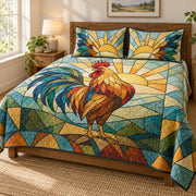 Stained Glass Rooster Quilt Set, front rooster bedroom view