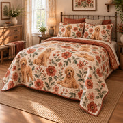 Terracotta Flower Doodle Goldendoodle Cottage Floral Quilt Set, angled goldendoodle cottage floral bedroom view