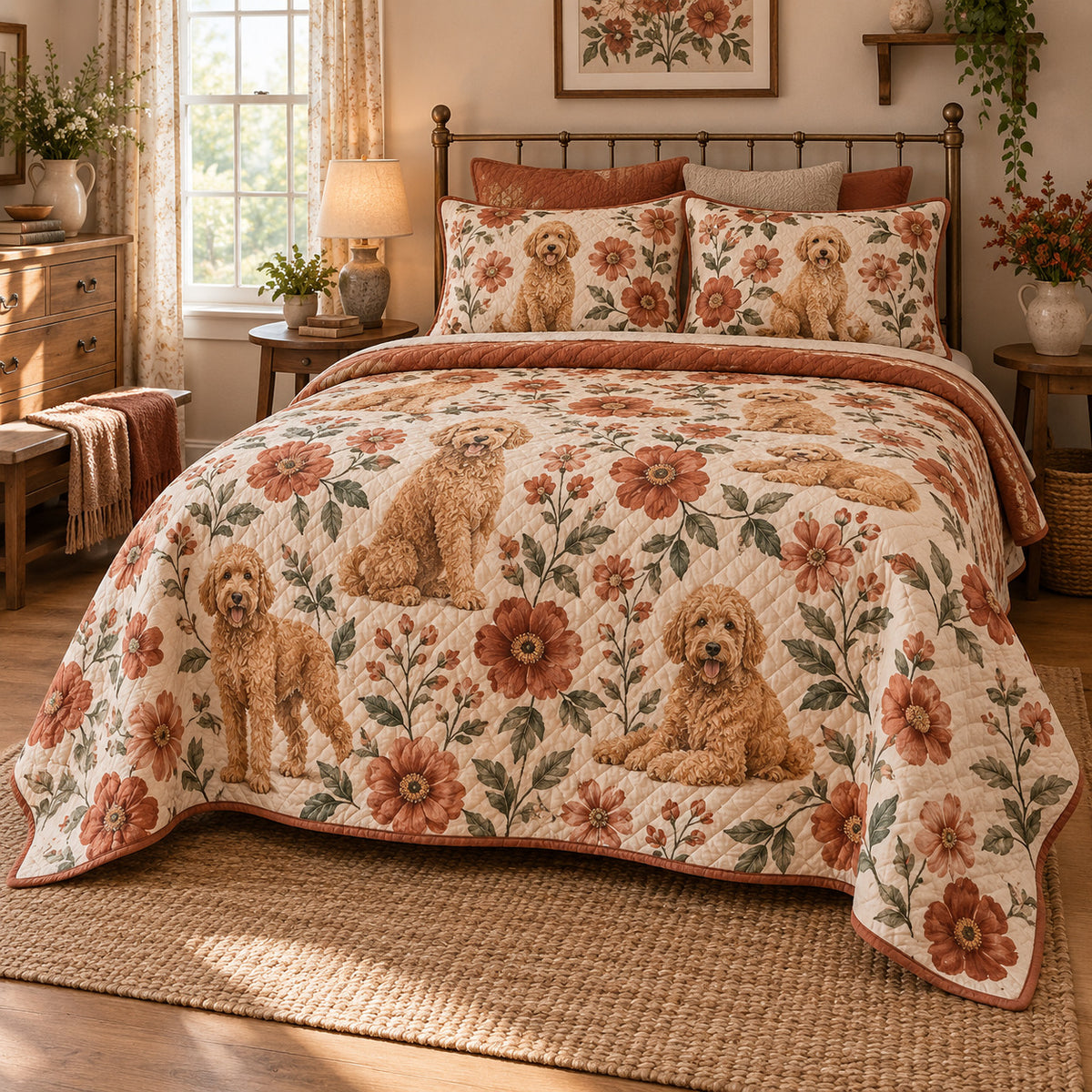 Terracotta Flower Doodle Goldendoodle Cottage Floral Quilt Set, front goldendoodle cottage floral bedroom view