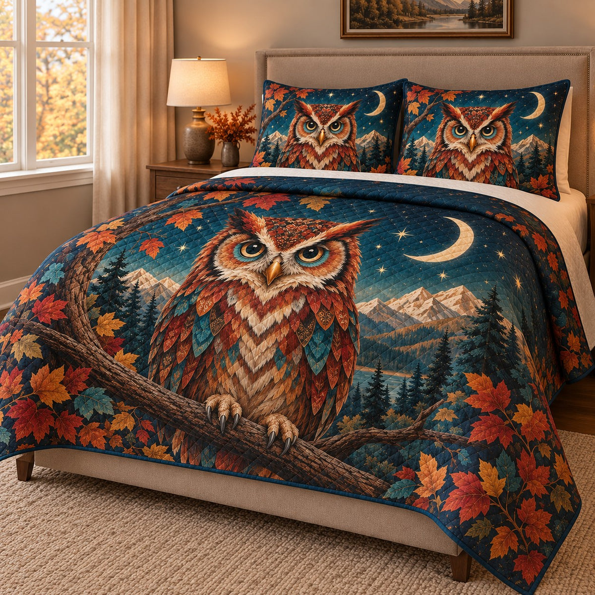 Autumn Owl Mountain Moon Quilt Set: angled bedroom view showing the quilt artwork and coordinating shams
