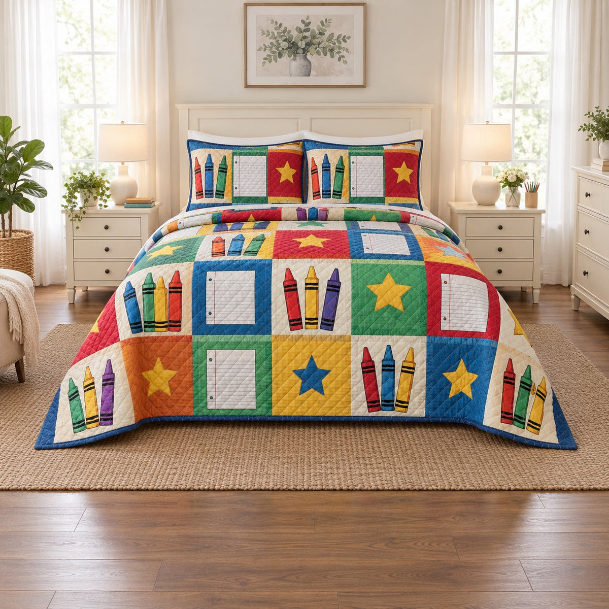 School Day Patchwork Elementary Teacher Quilt Set, front elementary teacher bedroom view