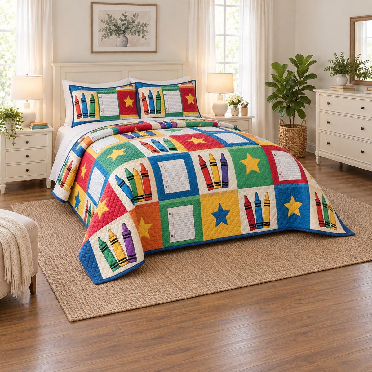 School Day Patchwork Elementary Teacher Quilt Set, angled elementary teacher bedroom view