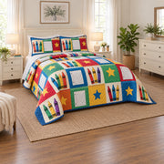 School Day Patchwork Elementary Teacher Quilt Set, angled elementary teacher bedroom view