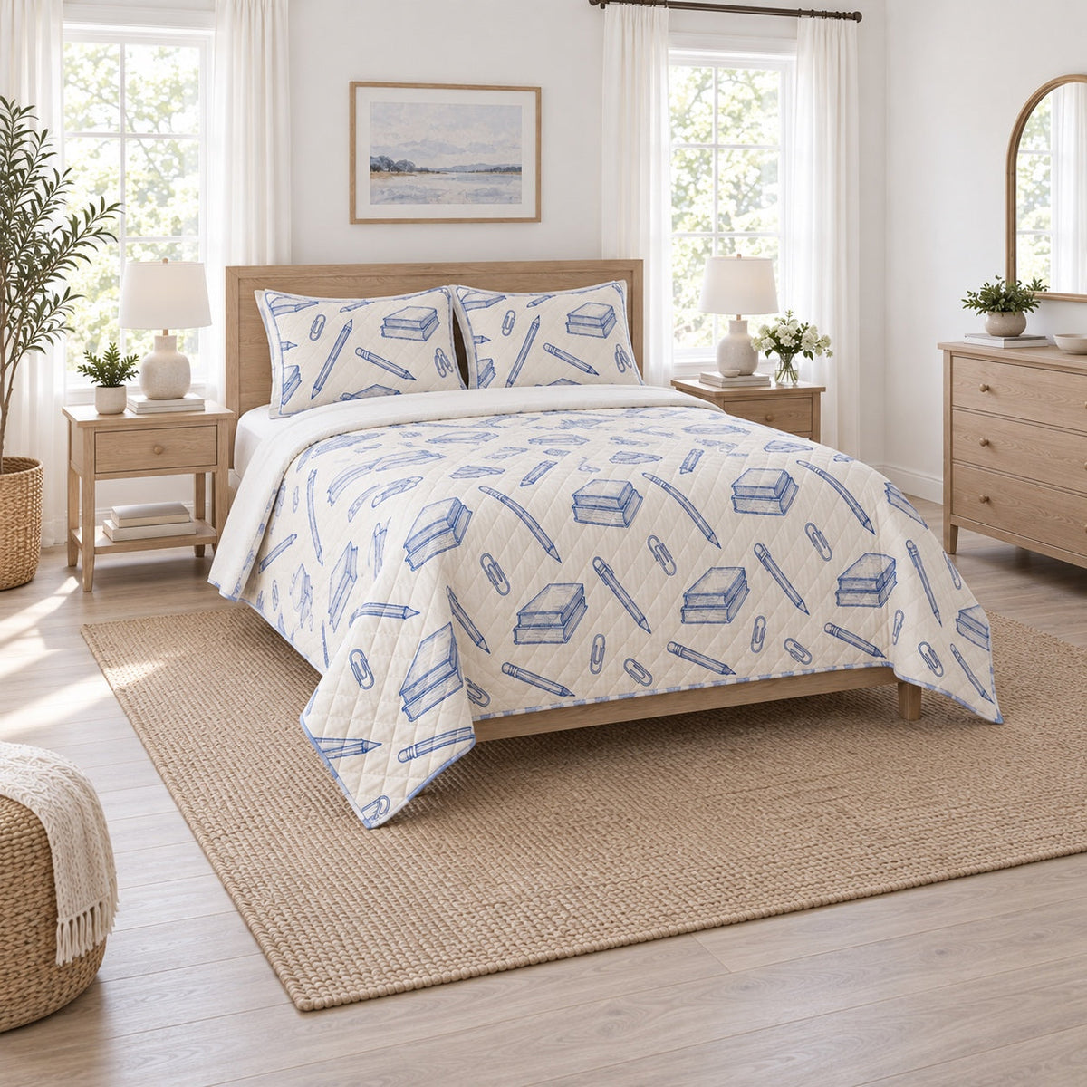 Blue Ink Study Elementary Teacher Quilt Set, angled elementary teacher bedroom view