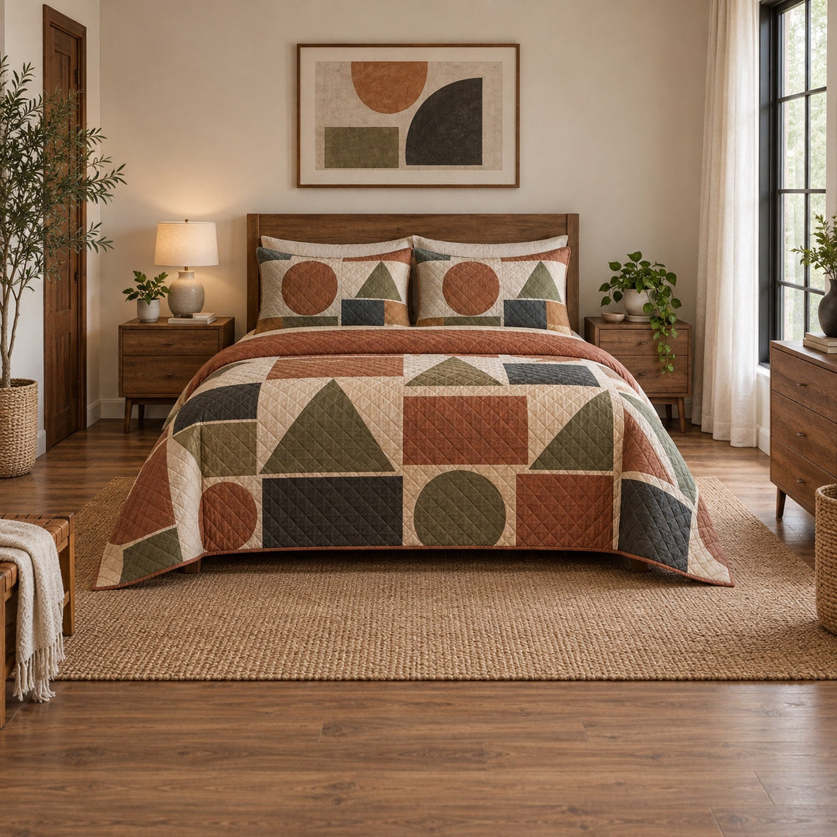Terracotta Classroom Geometry Elementary Teacher Quilt Set, front elementary teacher bedroom view