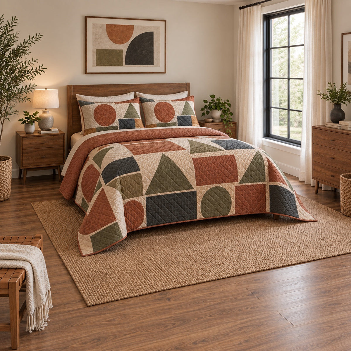 Terracotta Classroom Geometry Elementary Teacher Quilt Set, angled elementary teacher bedroom view