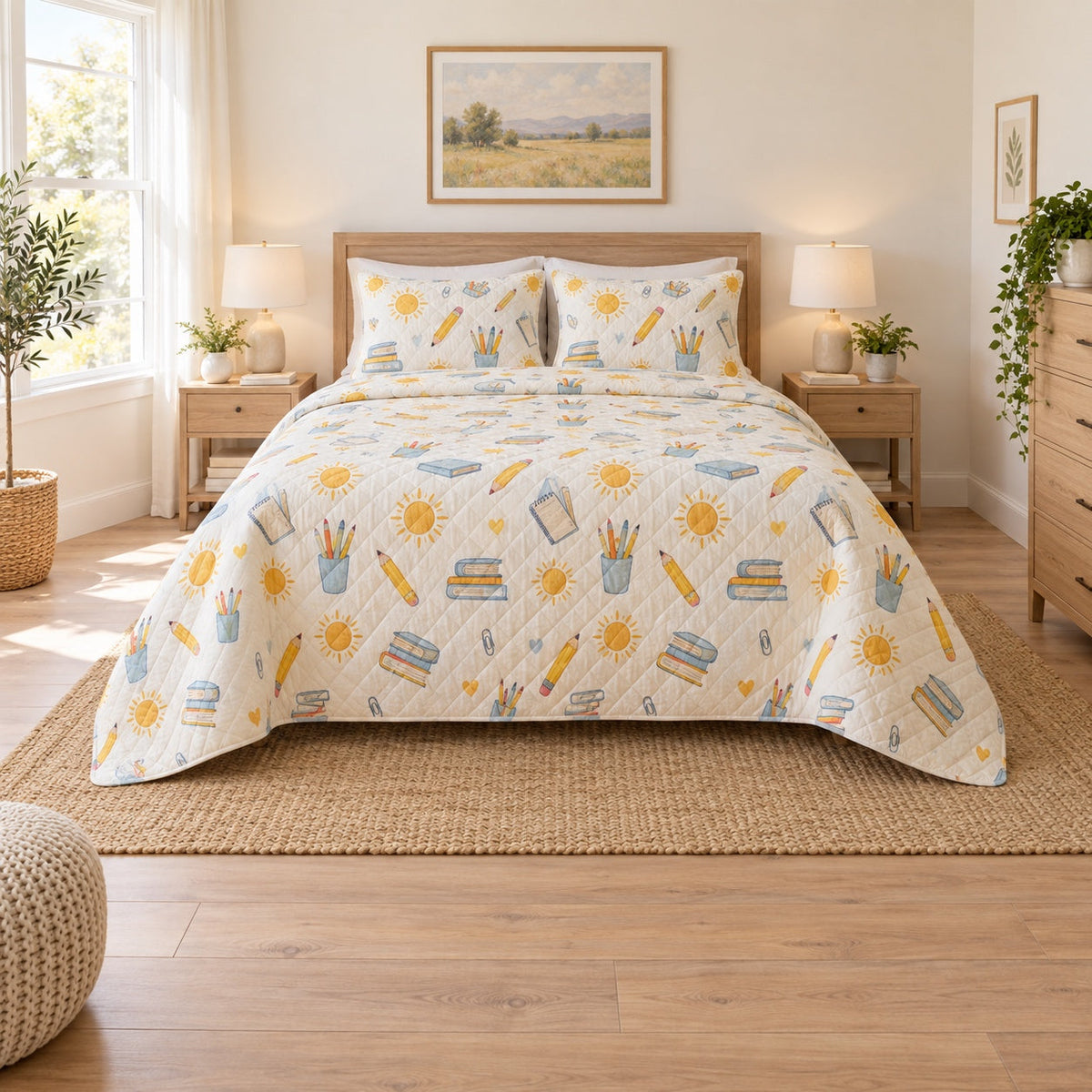 Sunshine Desk Elementary Teacher Quilt Set, front elementary teacher bedroom view