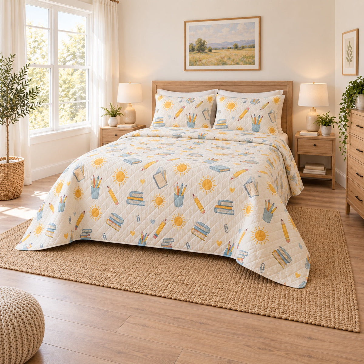Sunshine Desk Elementary Teacher Quilt Set, angled elementary teacher bedroom view