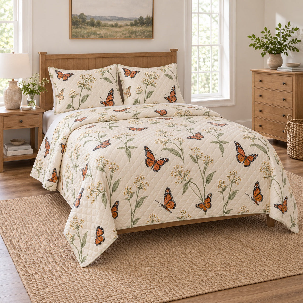 Milkweed Meadow Monarch Butterfly Quilt Set, angled monarch butterfly bedroom view
