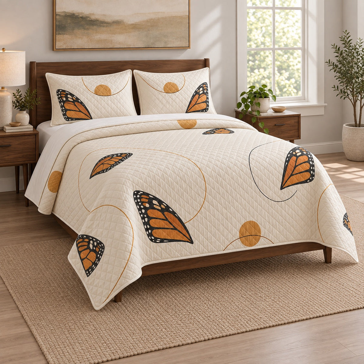 Modern Monarch Wing Study Quilt Set, angled monarch butterfly bedroom view