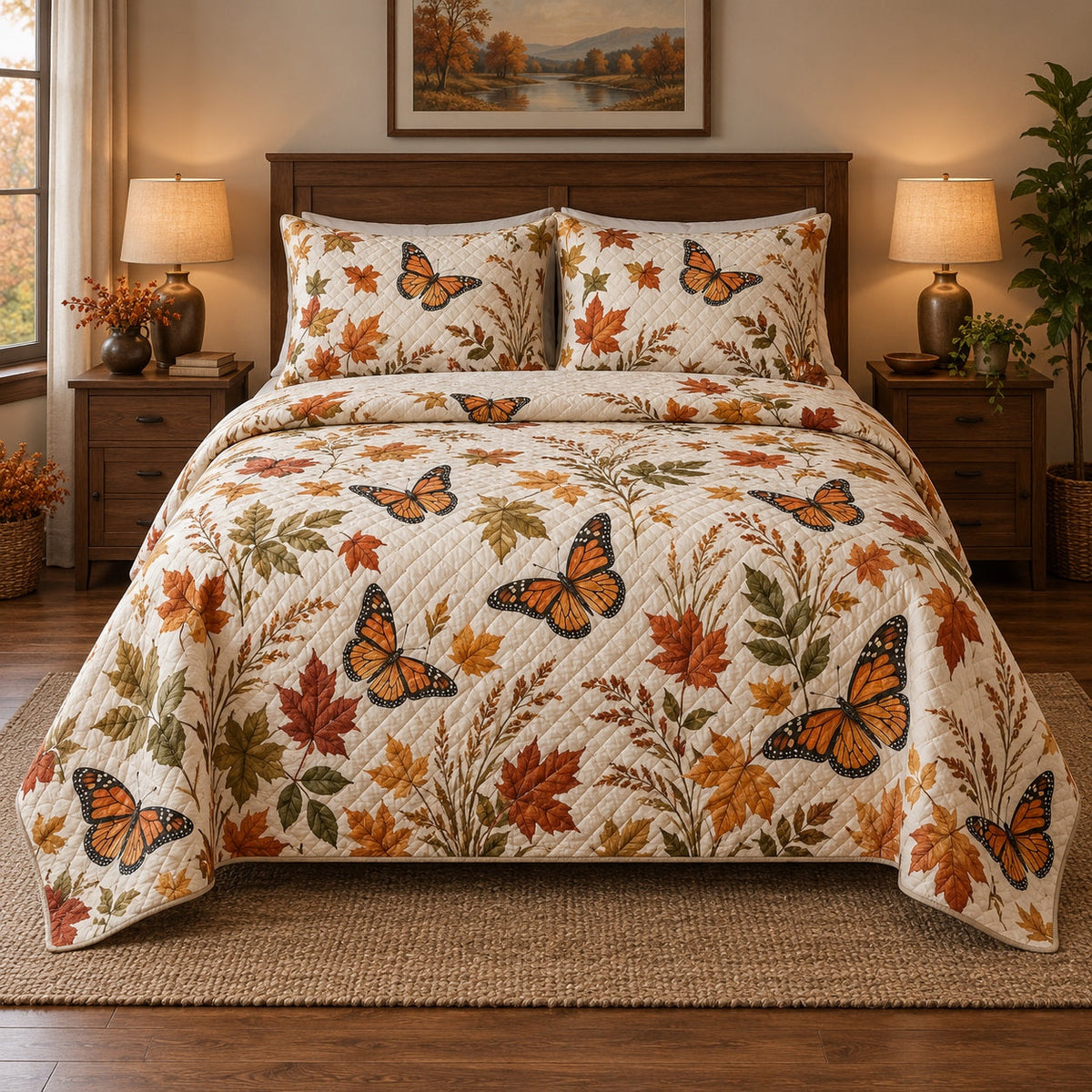 Autumn Migration Monarch Butterfly Quilt Set, front monarch butterfly bedroom view