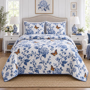 Indigo Monarch Garden Quilt Set, front monarch butterfly bedroom view