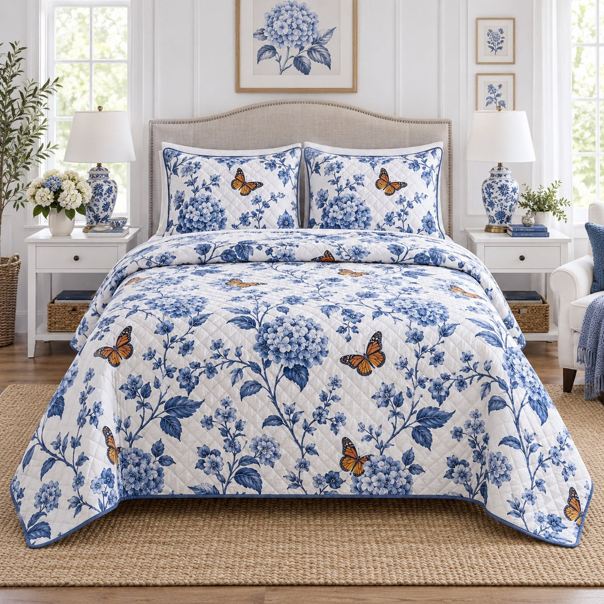 Indigo Monarch Garden Quilt Set, front monarch butterfly bedroom view