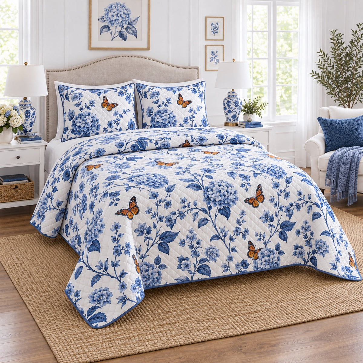 Indigo Monarch Garden Quilt Set, angled monarch butterfly bedroom view