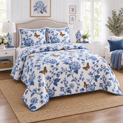 Indigo Monarch Garden Quilt Set, angled monarch butterfly bedroom view