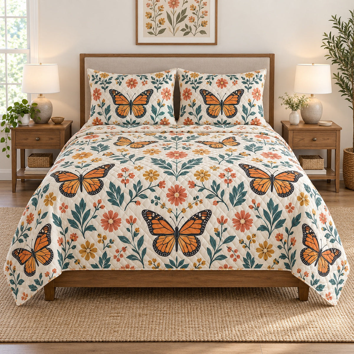 Folk Bloom Monarch Butterfly Quilt Set, front monarch butterfly bedroom view