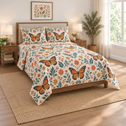 Folk Bloom Monarch Butterfly Quilt Set, angled monarch butterfly bedroom view