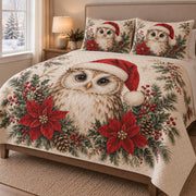 Christmas Owl Poinsettia Quilt Set: angled bedroom view showing the quilt artwork and coordinating shams