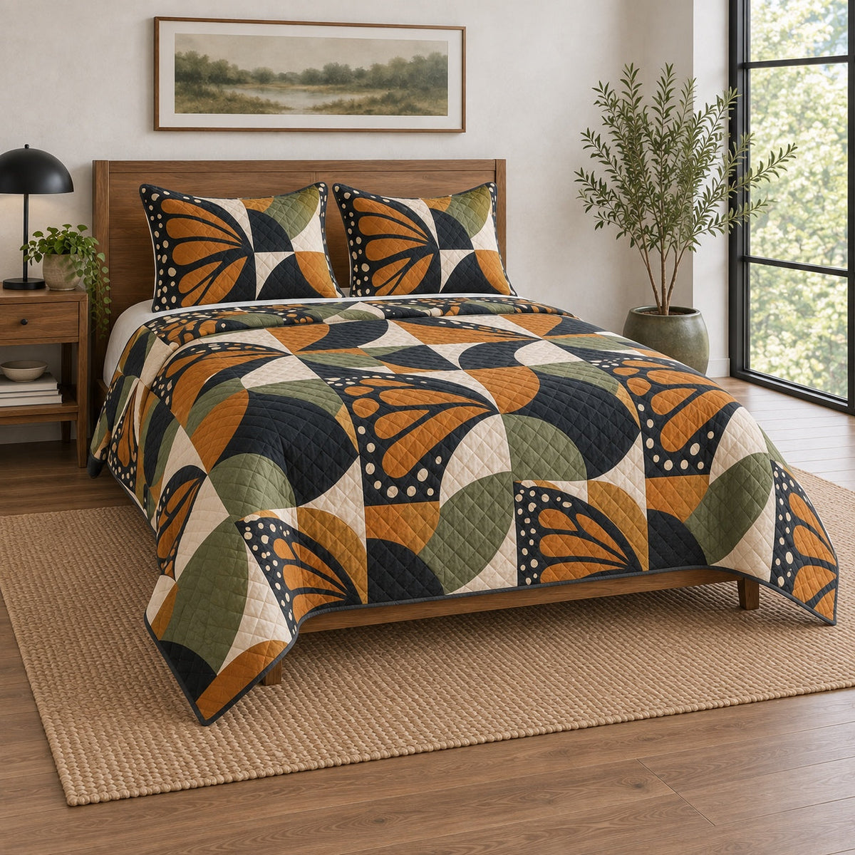 Monarch Butterfly Geometry Quilt Set, angled monarch butterfly bedroom view