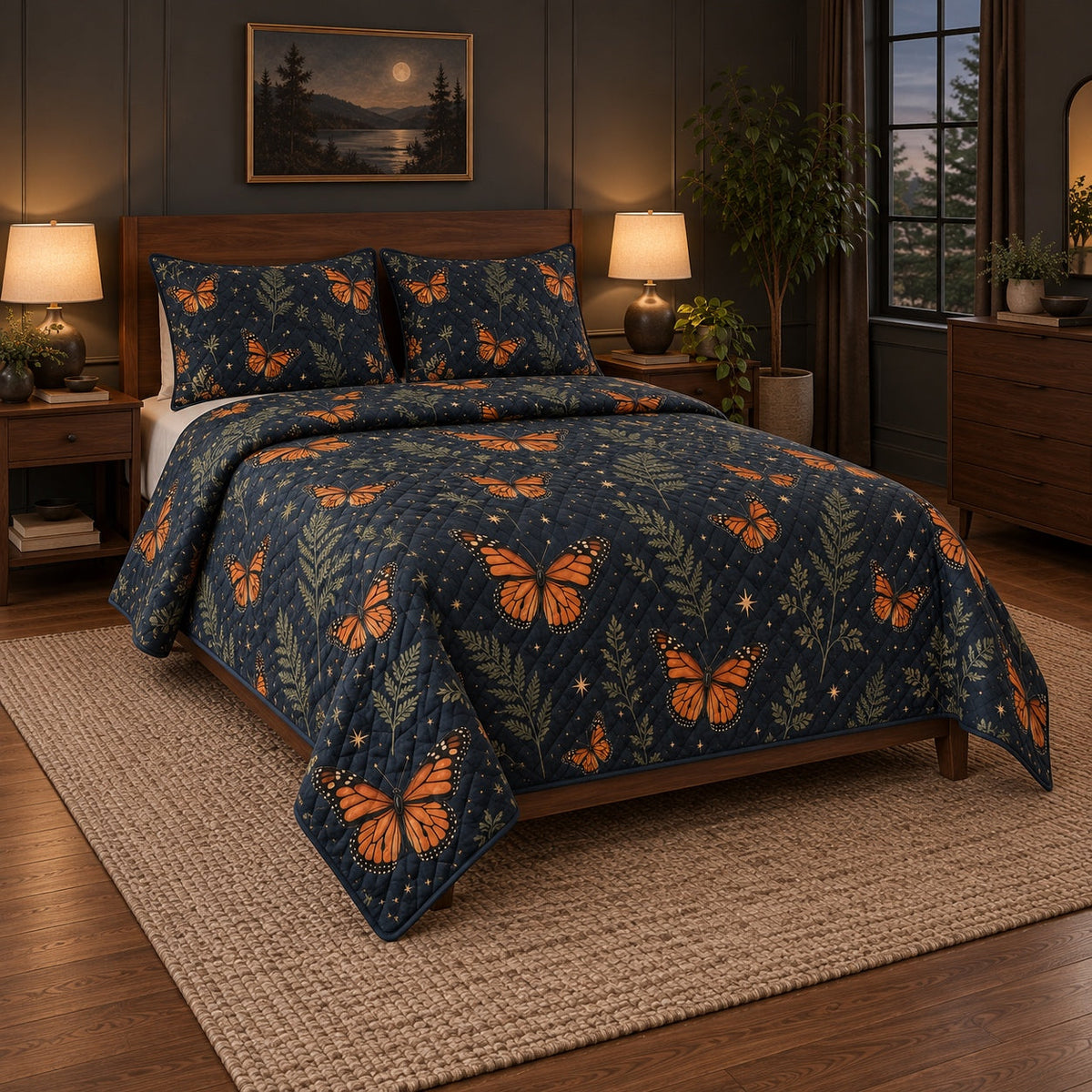 Midnight Migration Monarch Butterfly Quilt Set, angled monarch butterfly bedroom view