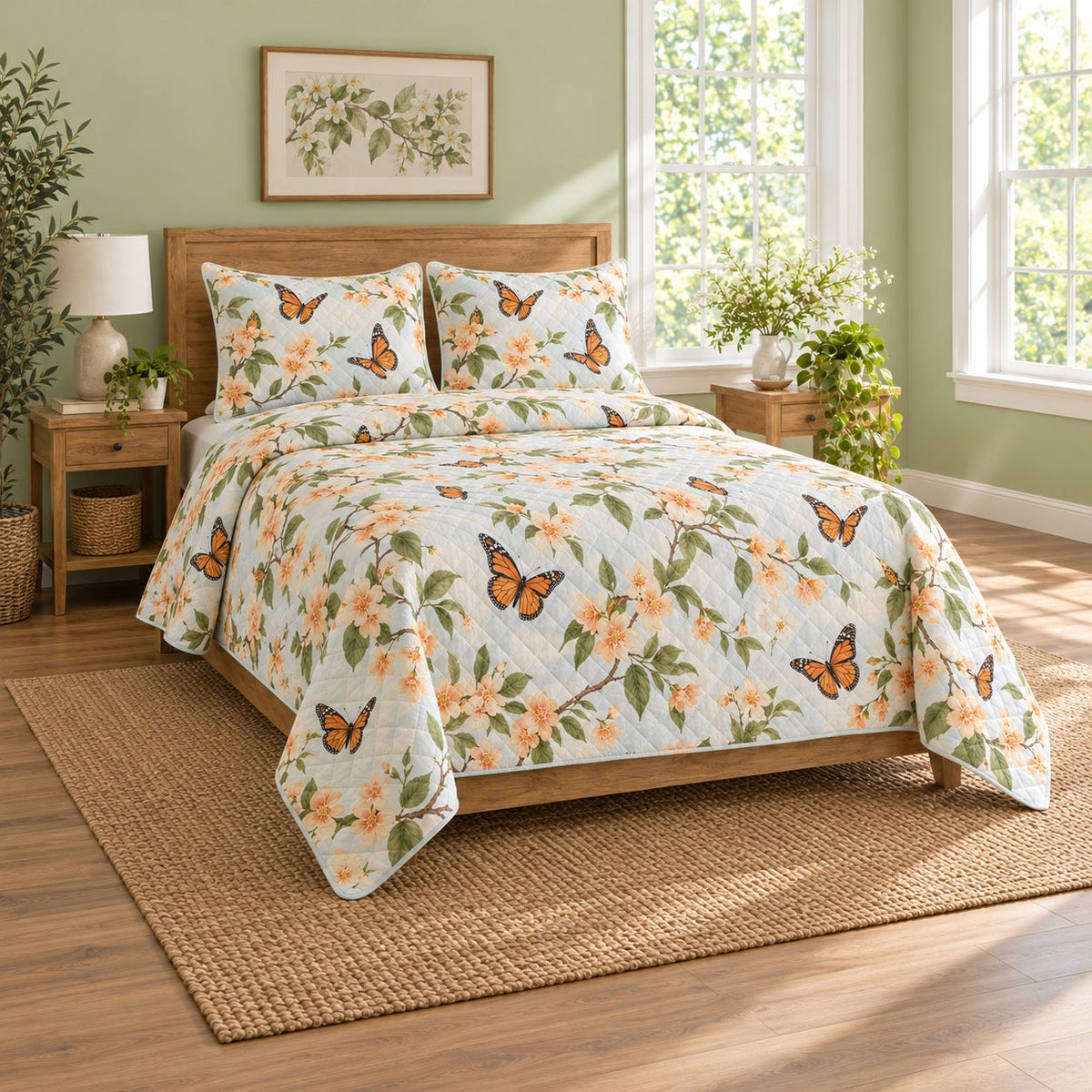 Orchard Flight Monarch Butterfly Quilt Set, angled monarch butterfly bedroom view