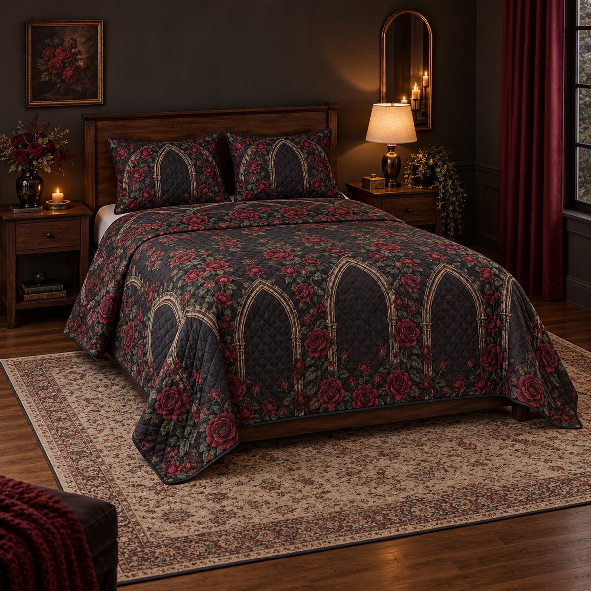 Midnight Rose Arch Gothic Quilt Set, angled gothic bedroom decor bedroom view