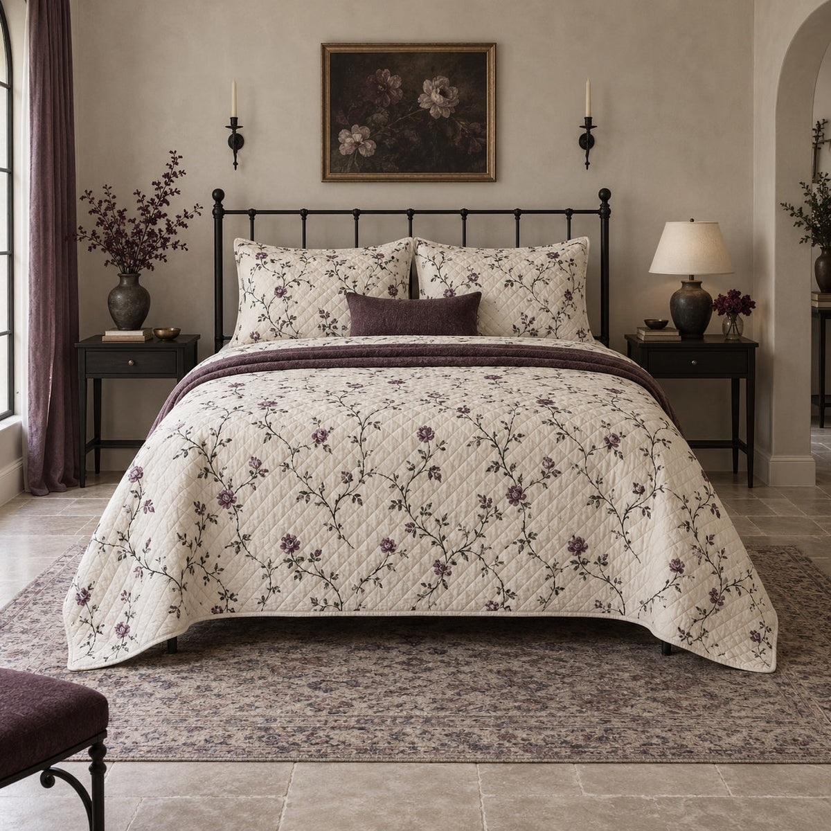 Ivory Thorn Garden Gothic Quilt Set, front gothic bedroom decor bedroom view