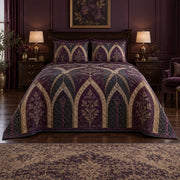 Plum Cathedral Windows Gothic Quilt Set, front gothic bedroom decor bedroom view