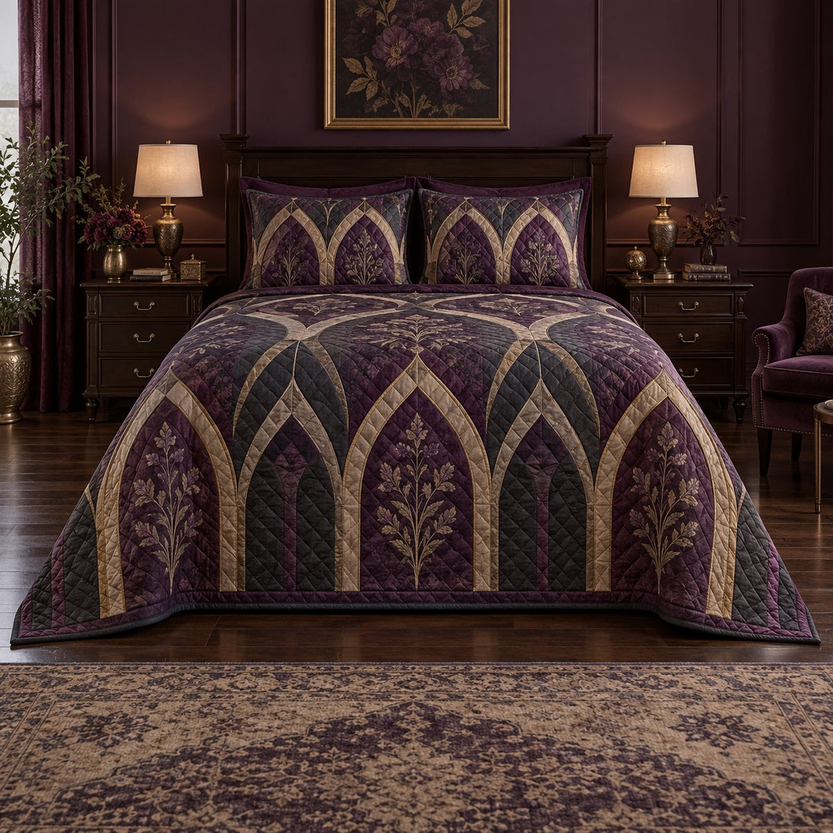 Plum Cathedral Windows Gothic Quilt Set, front gothic bedroom decor bedroom view