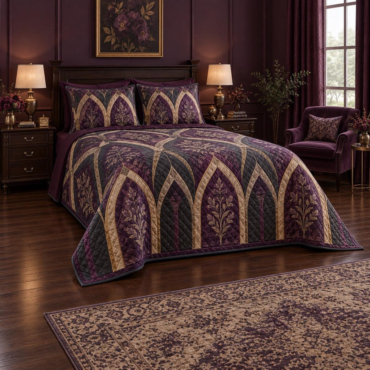 Plum Cathedral Windows Gothic Quilt Set, angled gothic bedroom decor bedroom view
