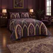 Plum Cathedral Windows Gothic Quilt Set, angled gothic bedroom decor bedroom view