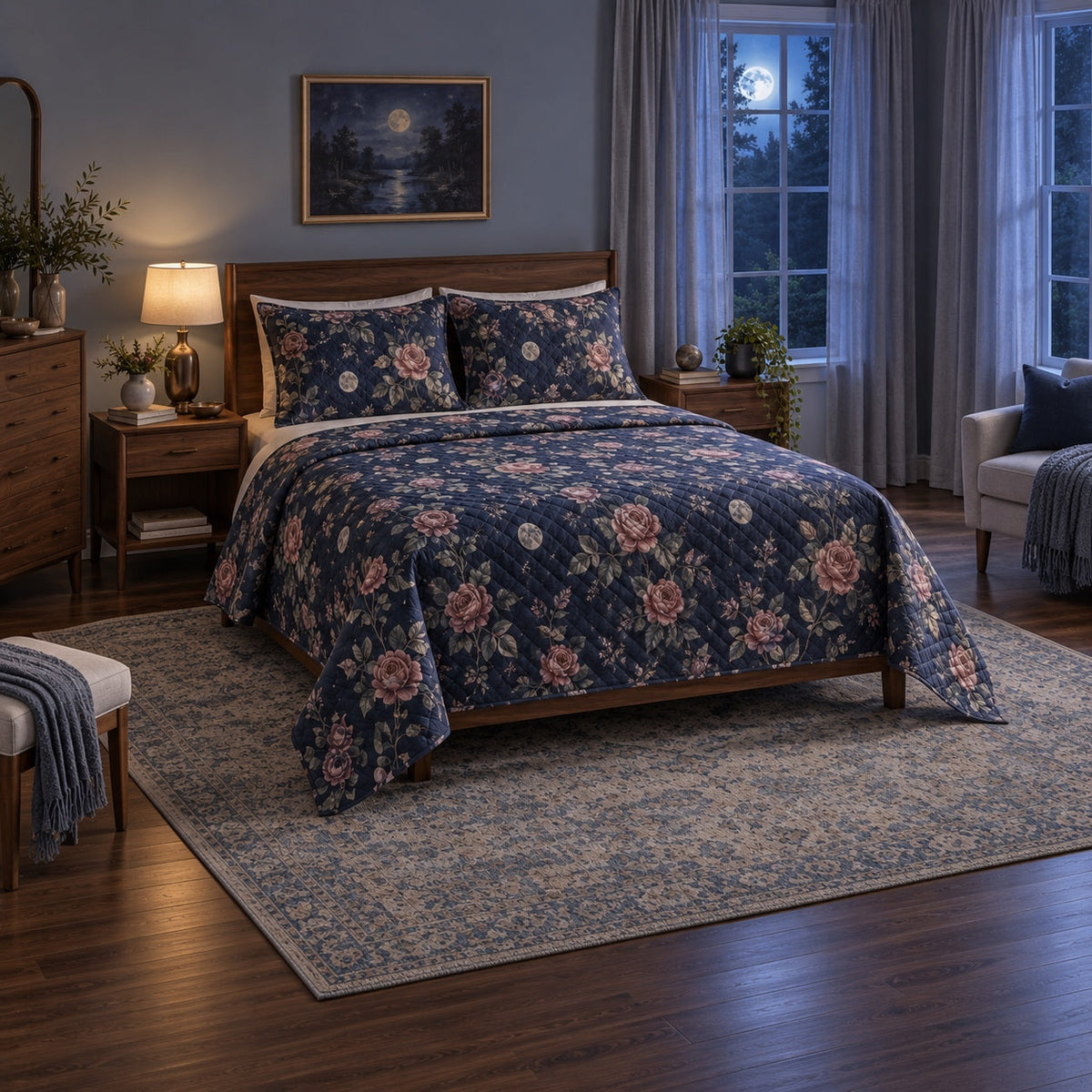 Moonlit Climbing Roses Gothic Quilt Set, angled gothic bedroom decor bedroom view