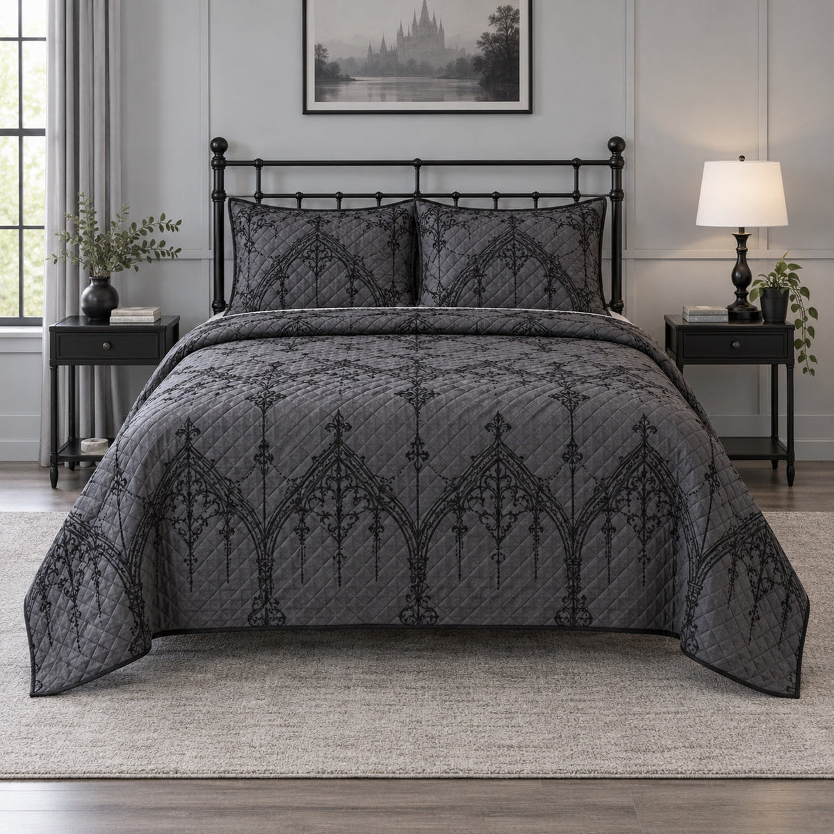 Black Lace Geometry Gothic Quilt Set, front gothic bedroom decor bedroom view