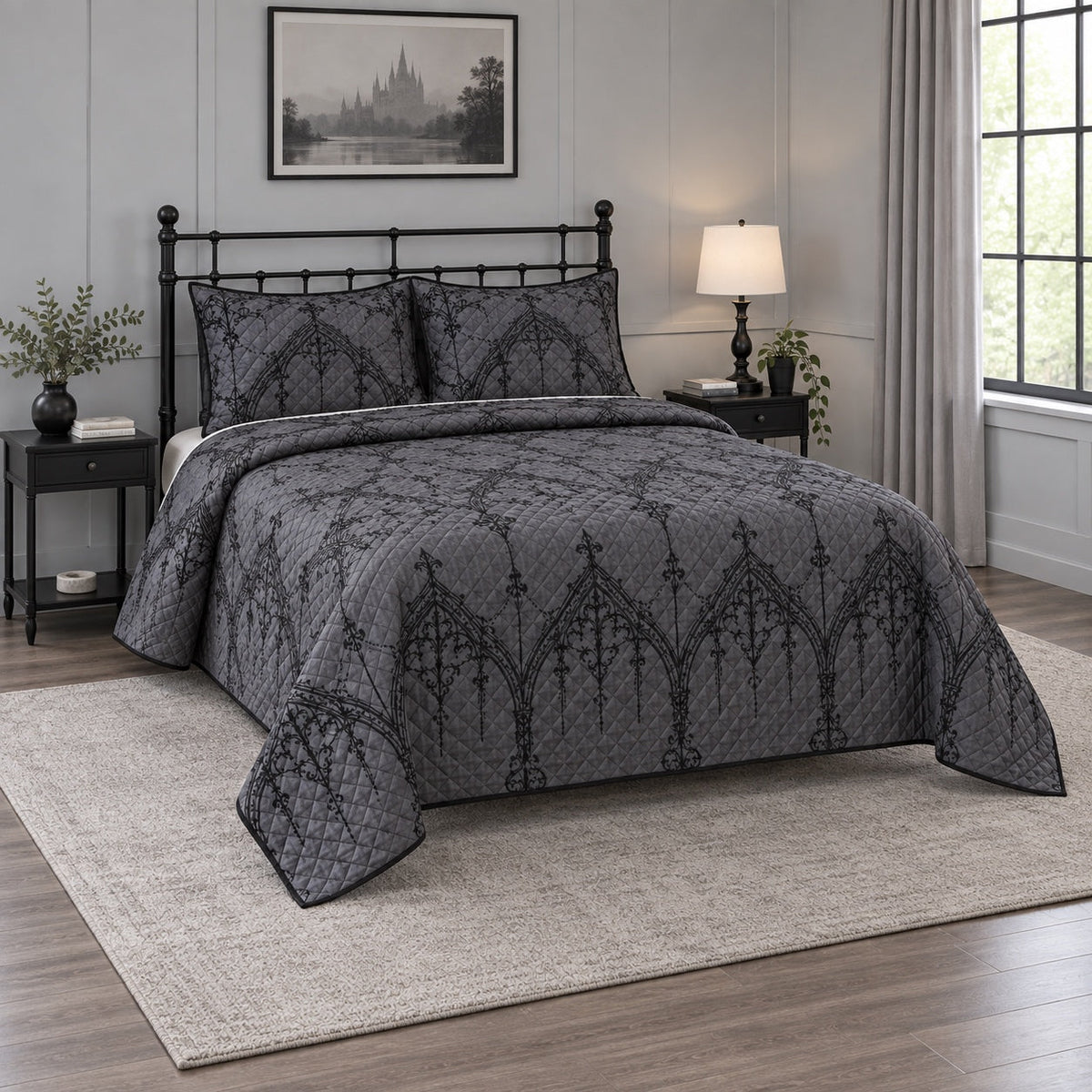 Black Lace Geometry Gothic Quilt Set, angled gothic bedroom decor bedroom view