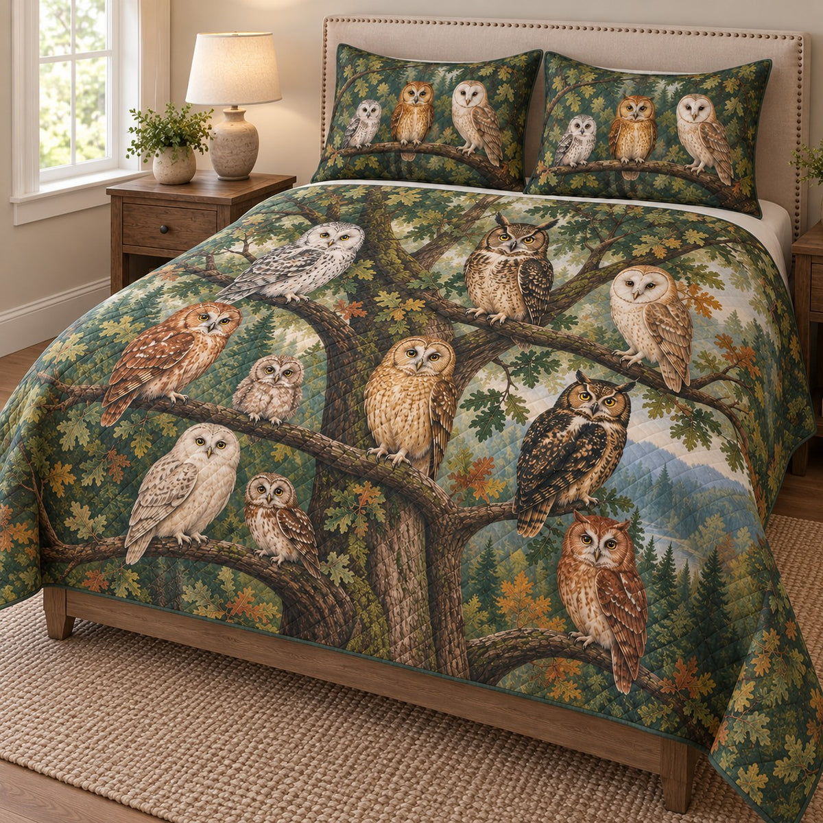 Forest Owl Bird Nature Quilt Set: angled bedroom view showing the quilt artwork and coordinating shams