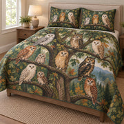 Forest Owl Bird Nature Quilt Set: angled bedroom view showing the quilt artwork and coordinating shams