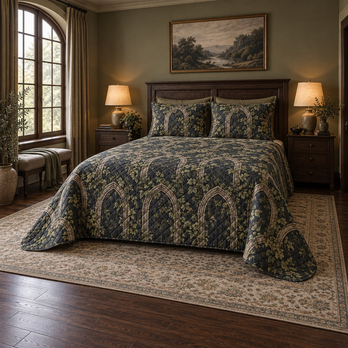 Moss Stone Arch Gothic Quilt Set, angled gothic bedroom decor bedroom view