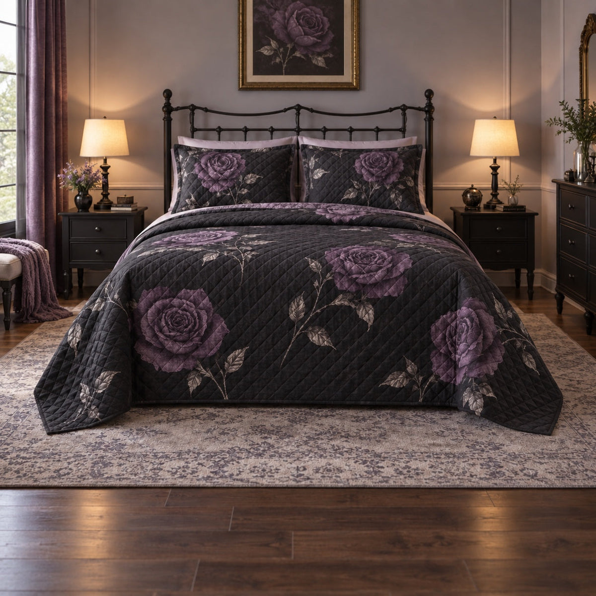 Violet Rose Silhouette Gothic Quilt Set, front gothic bedroom decor bedroom view