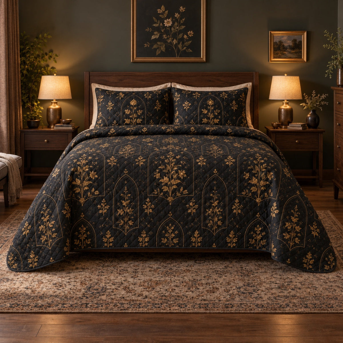 Antique Gold Night Garden Gothic Quilt Set, front gothic bedroom decor bedroom view