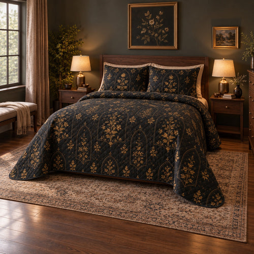 Antique Gold Night Garden Gothic Quilt Set, angled gothic bedroom decor bedroom view