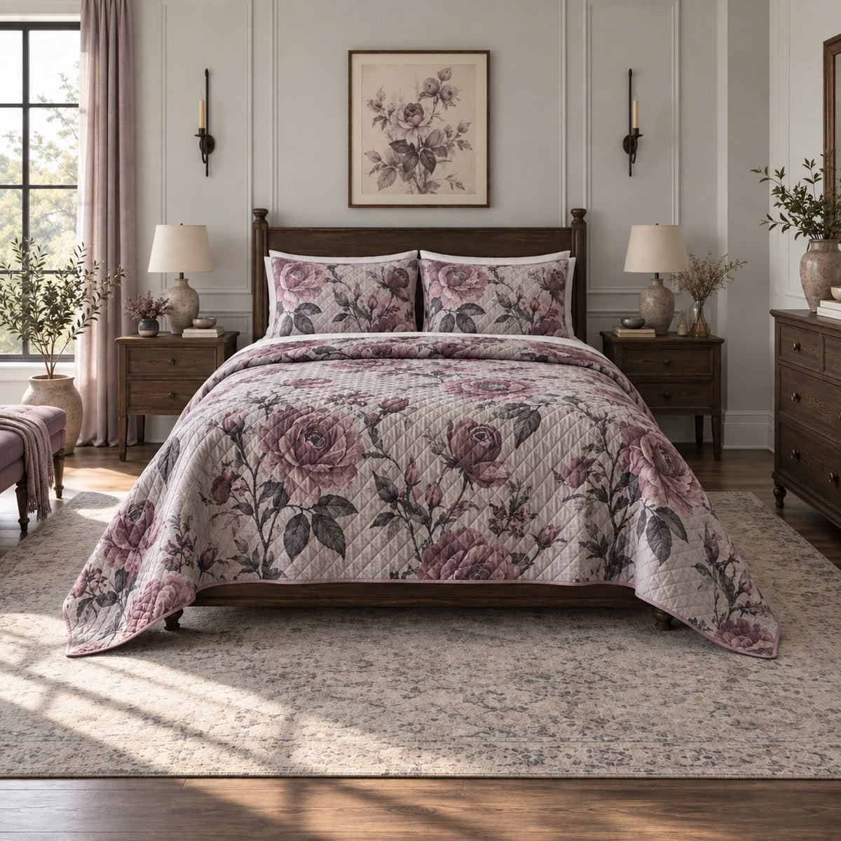 Dusty Mauve Gothic Botanicals Quilt Set, front gothic bedroom decor bedroom view