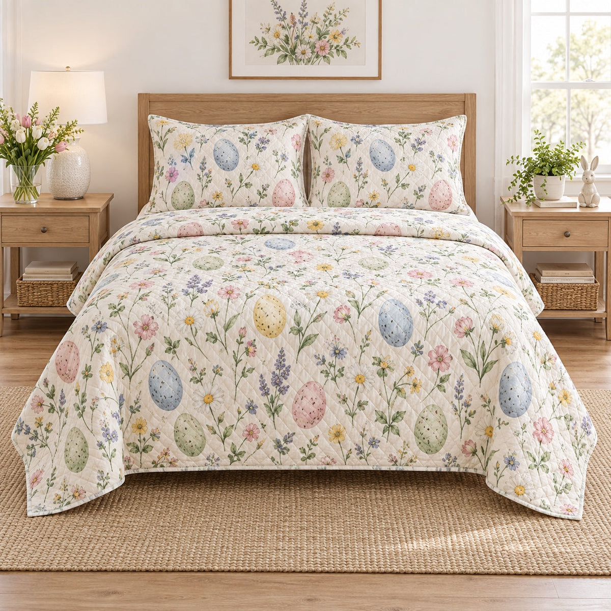 Painted Egg Meadow Easter Quilt Set, front easter home decorating bedroom view